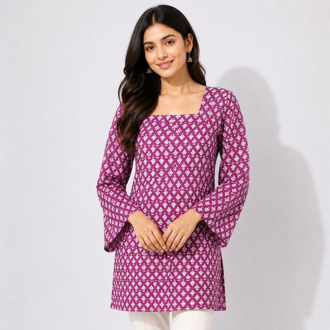 Purple Printed Square Neck Short Kurta