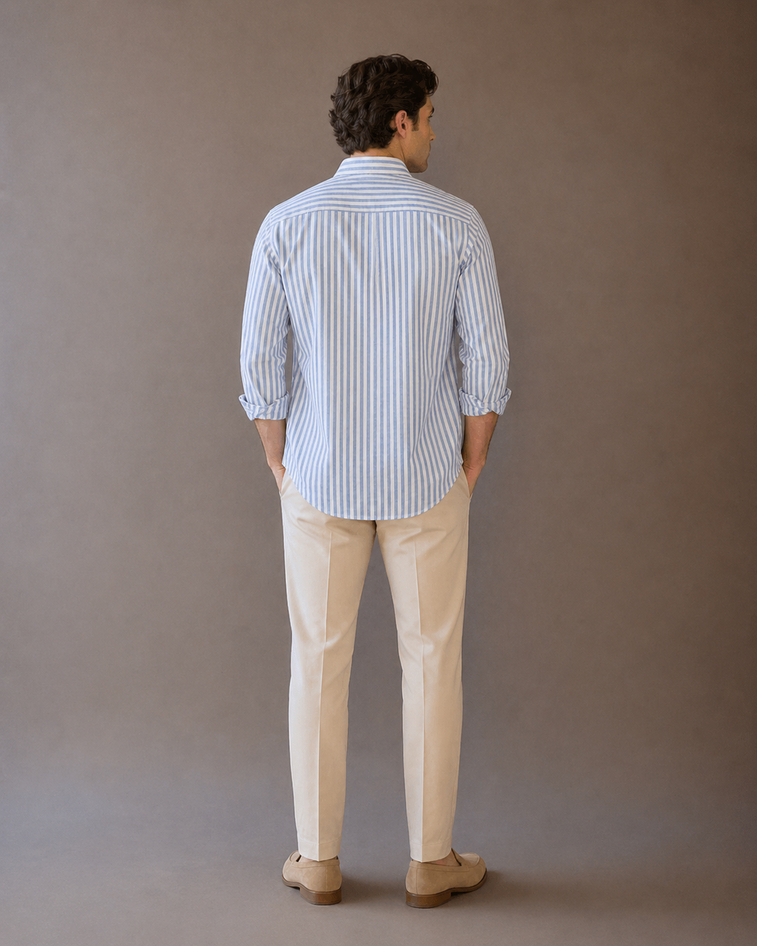 Men’s Blue Striped Mandarin Collar Shirt