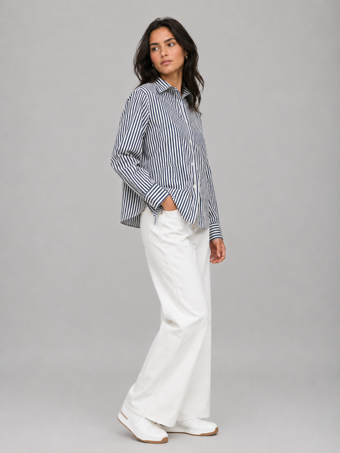 Women’s Navy Blue Vertical Stripe Relaxed Shirt