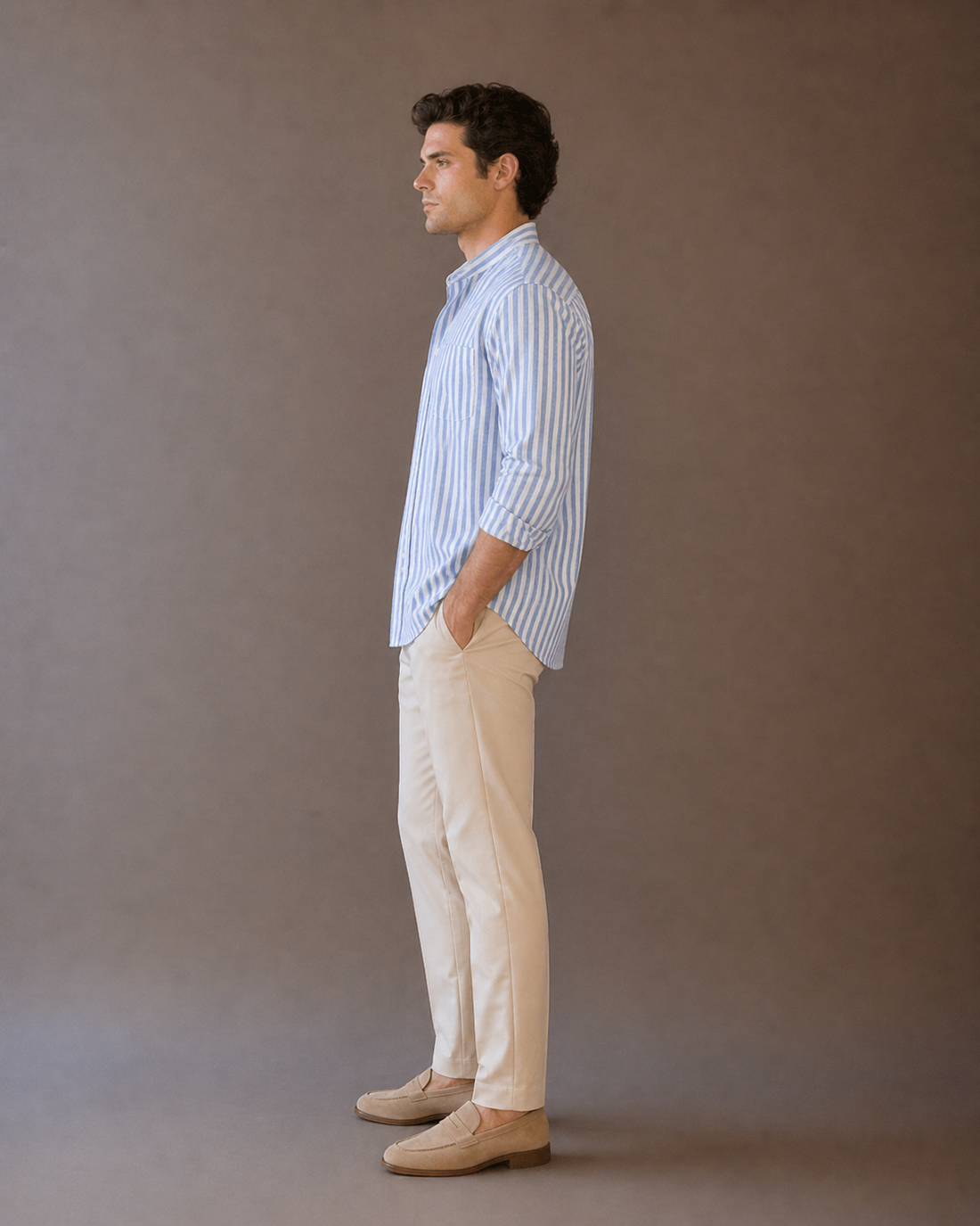 Men’s Blue Striped Mandarin Collar Shirt