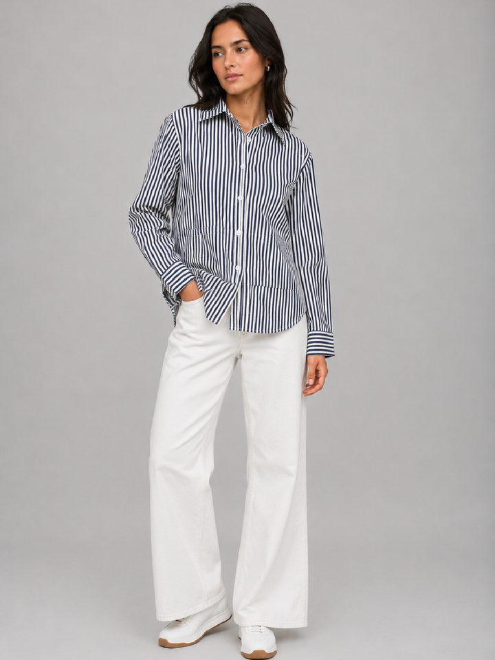 Women’s Navy Blue Vertical Stripe Relaxed Shirt