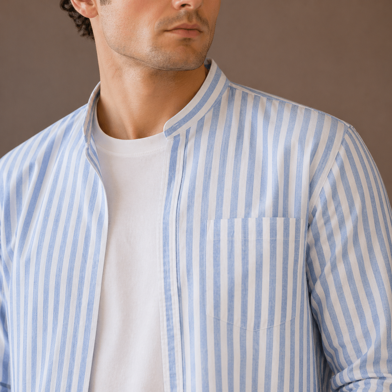 Men’s Blue Striped Mandarin Collar Shirt