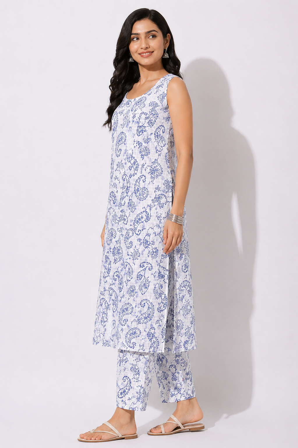 Blue Paisley Printed Sleeveless Kurta Pant Set