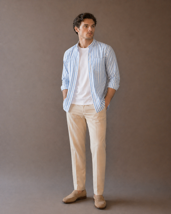 Men’s Blue Striped Mandarin Collar Shirt