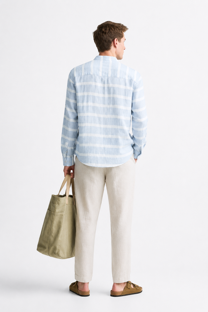 Men’s Sky Blue Striped Mandarin Collar Shirt
