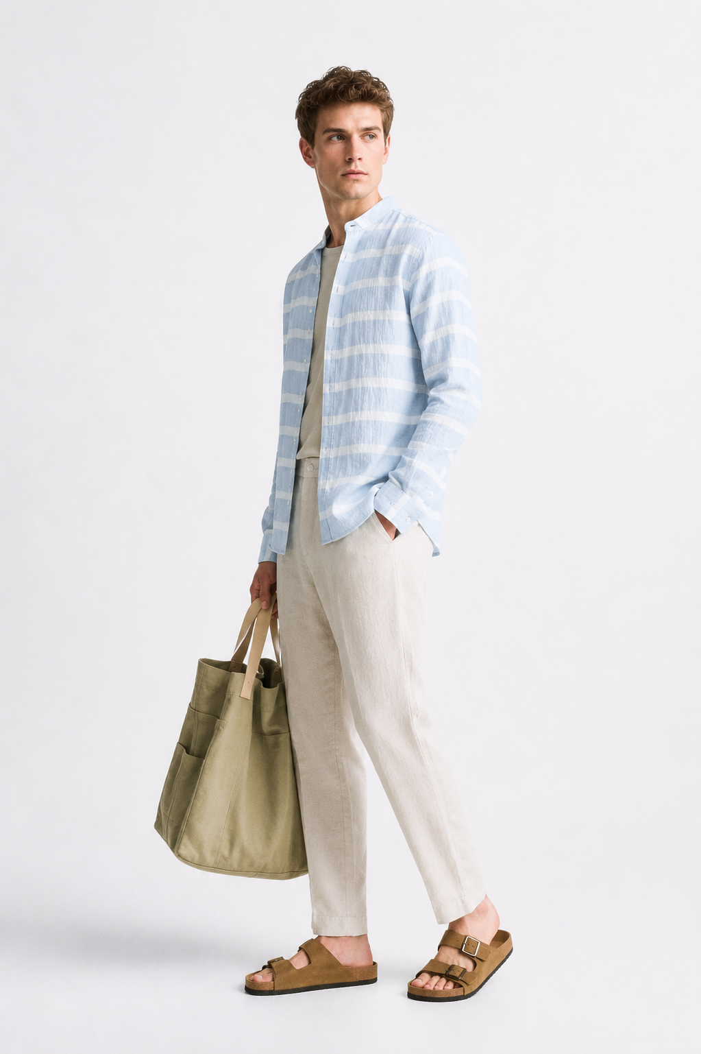 Men’s Sky Blue Striped Mandarin Collar Shirt