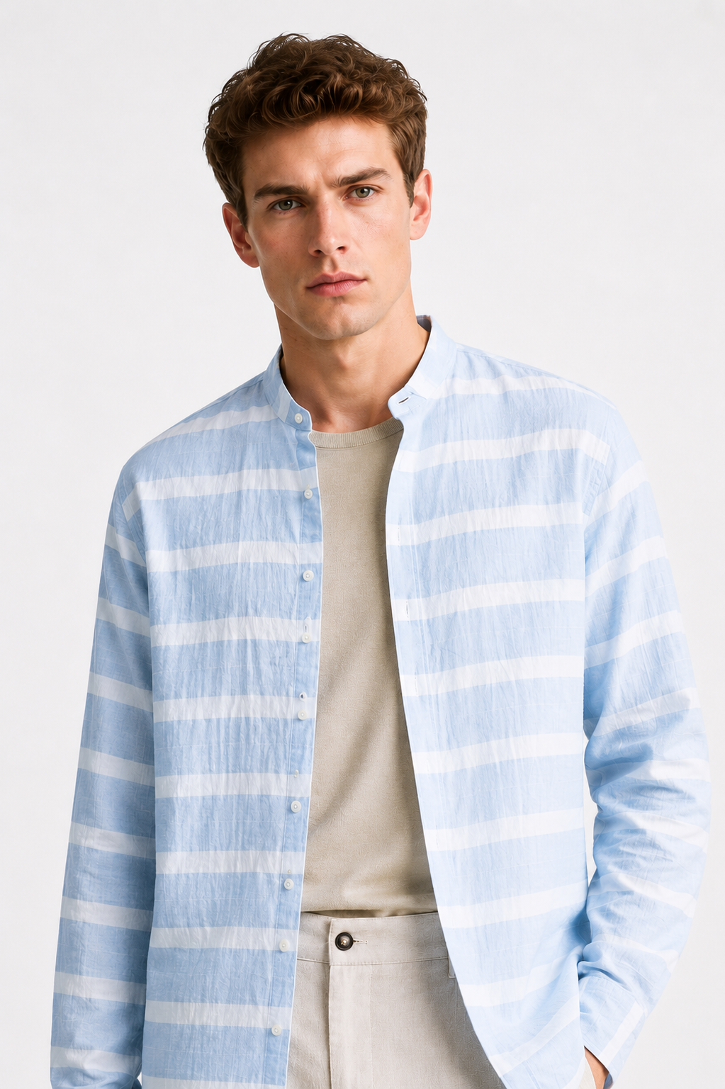 Men’s Sky Blue Striped Mandarin Collar Shirt