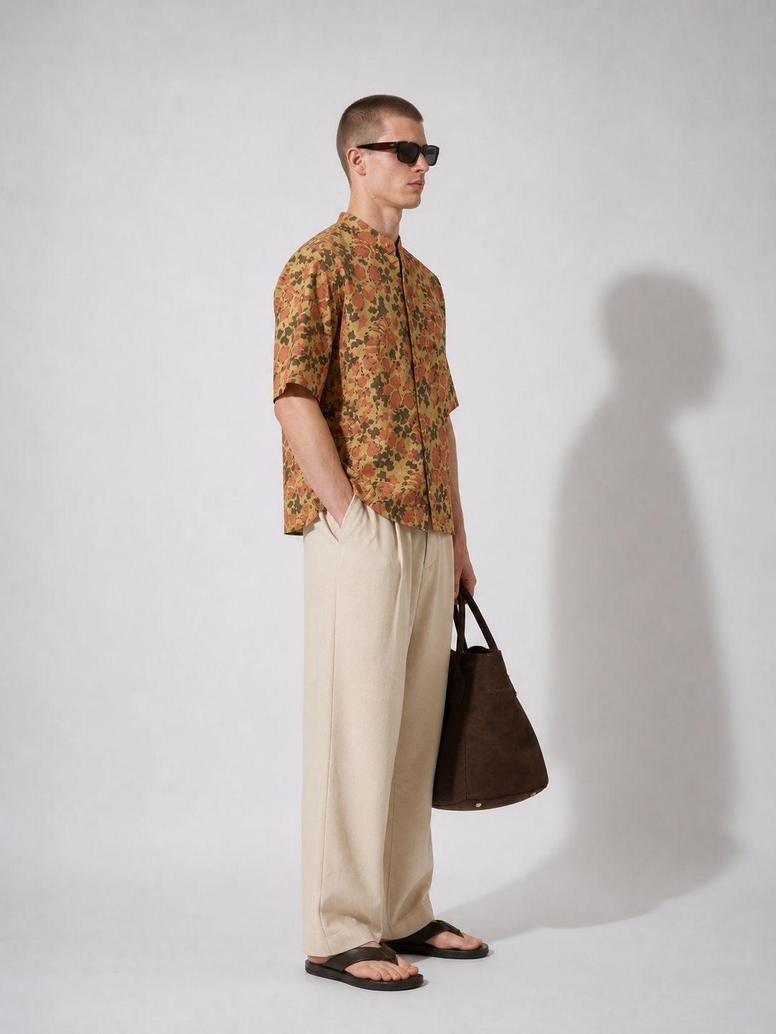 Men’s Mustard Floral Printed Mandarin Collar Shirt