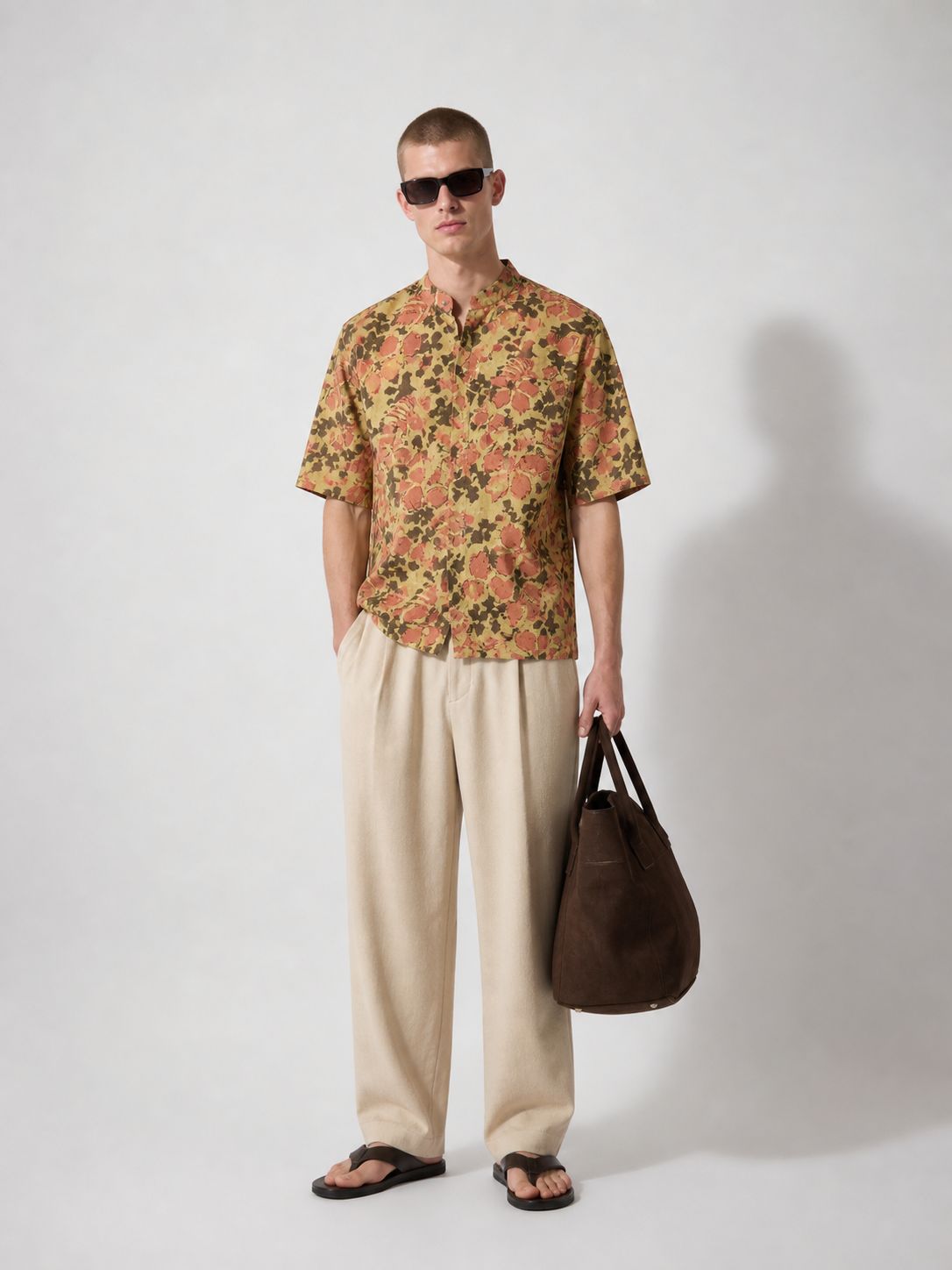 Men’s Mustard Floral Printed Mandarin Collar Shirt