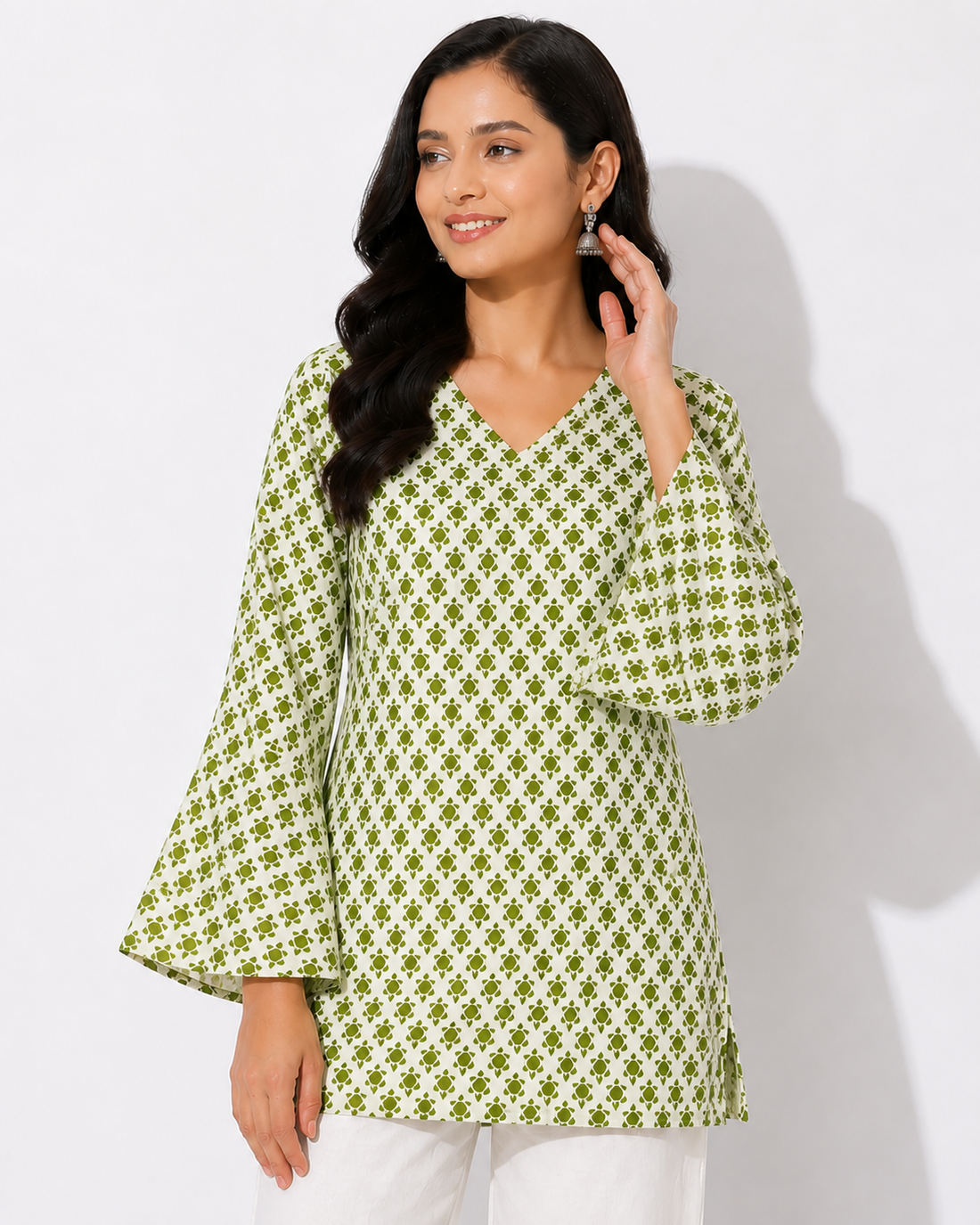 Green Printed Bell Sleeve Short Kurta
