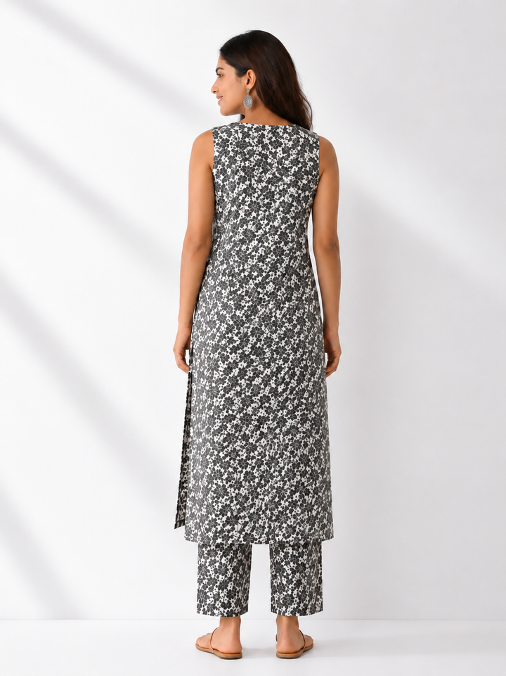 Monochrome Floral Printed Kurta Pant Co-Ord Set