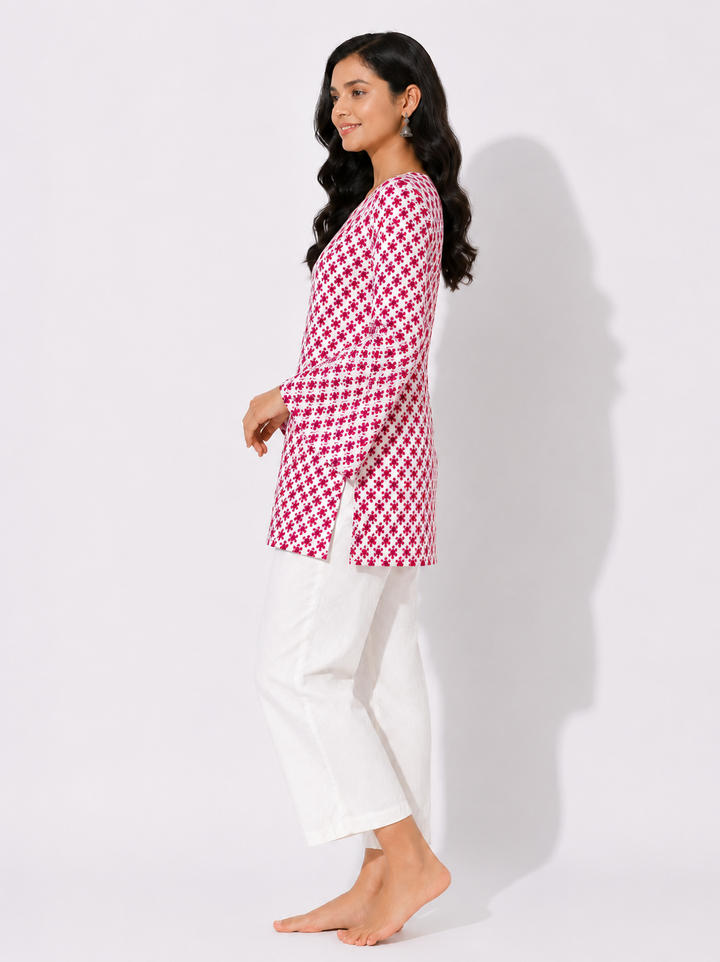 Pink Printed Bell Sleeve Short Kurta