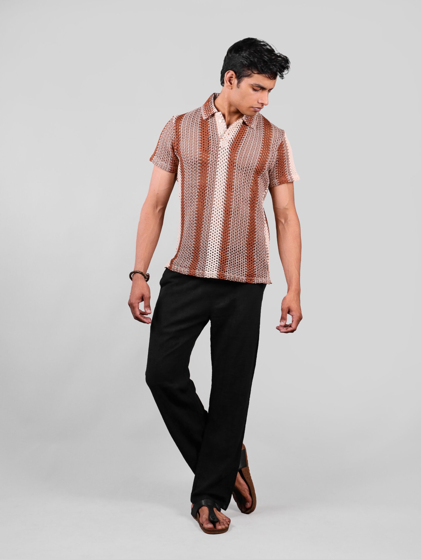 Brown Striped Textured Men's Shirt - Image 3