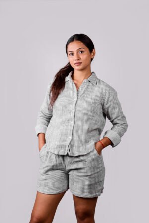 Striped Co-ord Set – Shirt & Shorts (Grey-White)